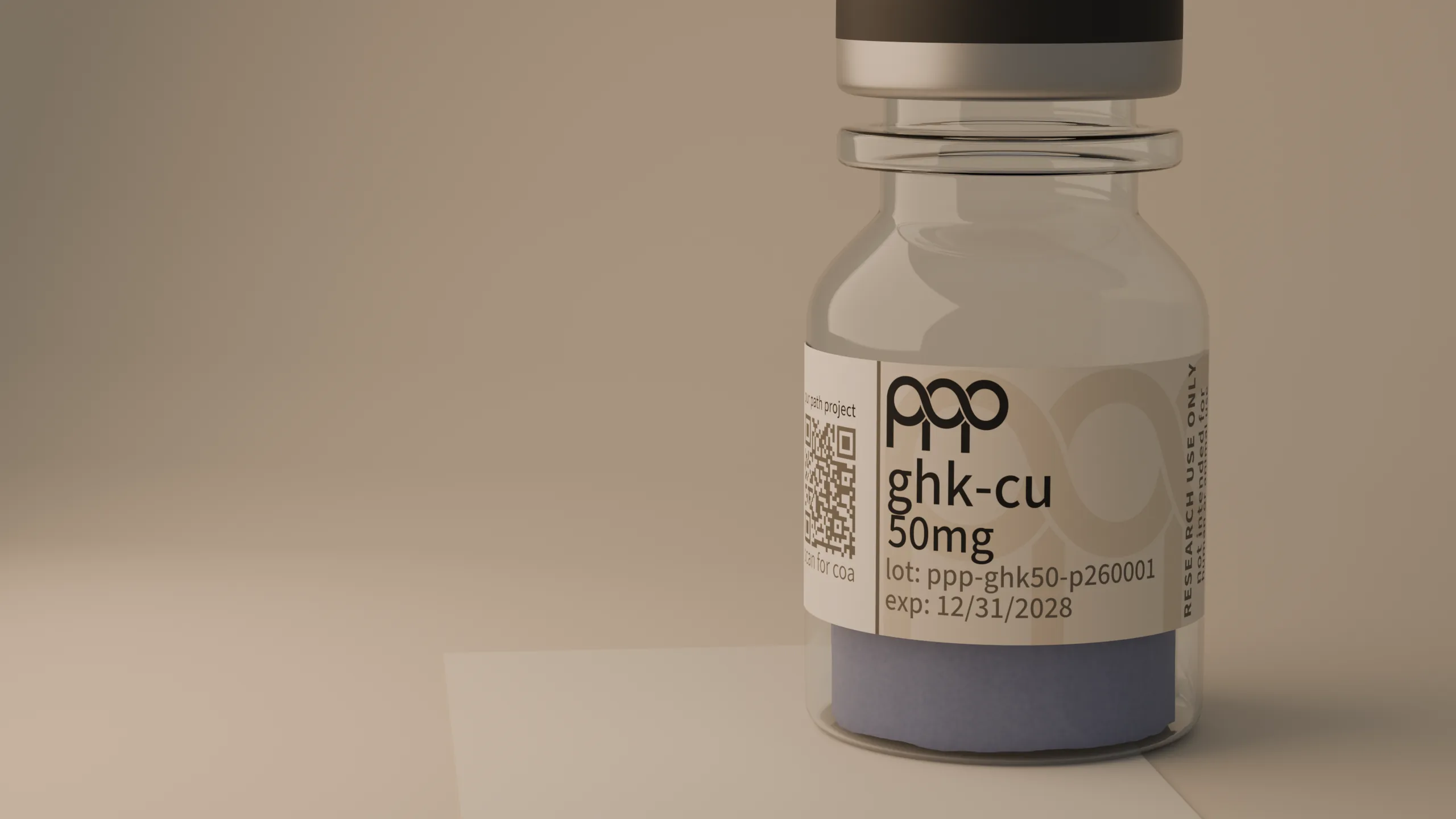 clear research vial beside a plain paper certificate on warm stone, soft low light