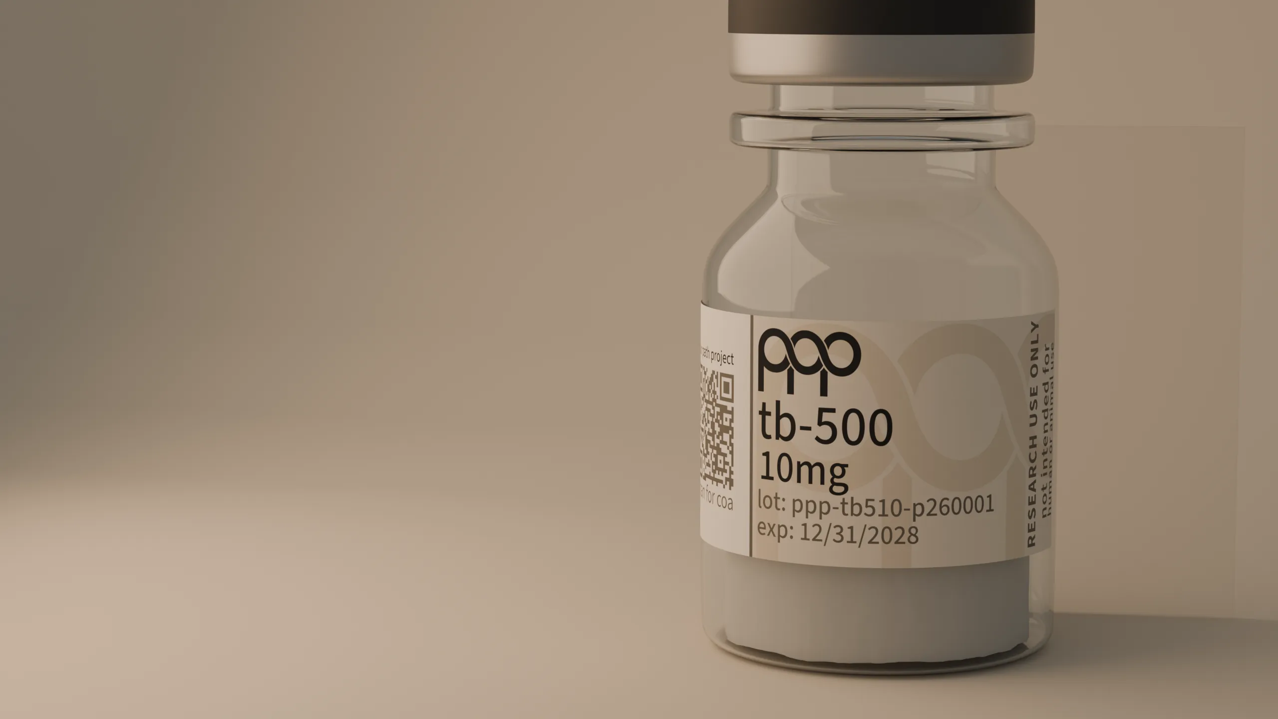 clear research vial beside a frosted glass pane, soft backlight, warm stone