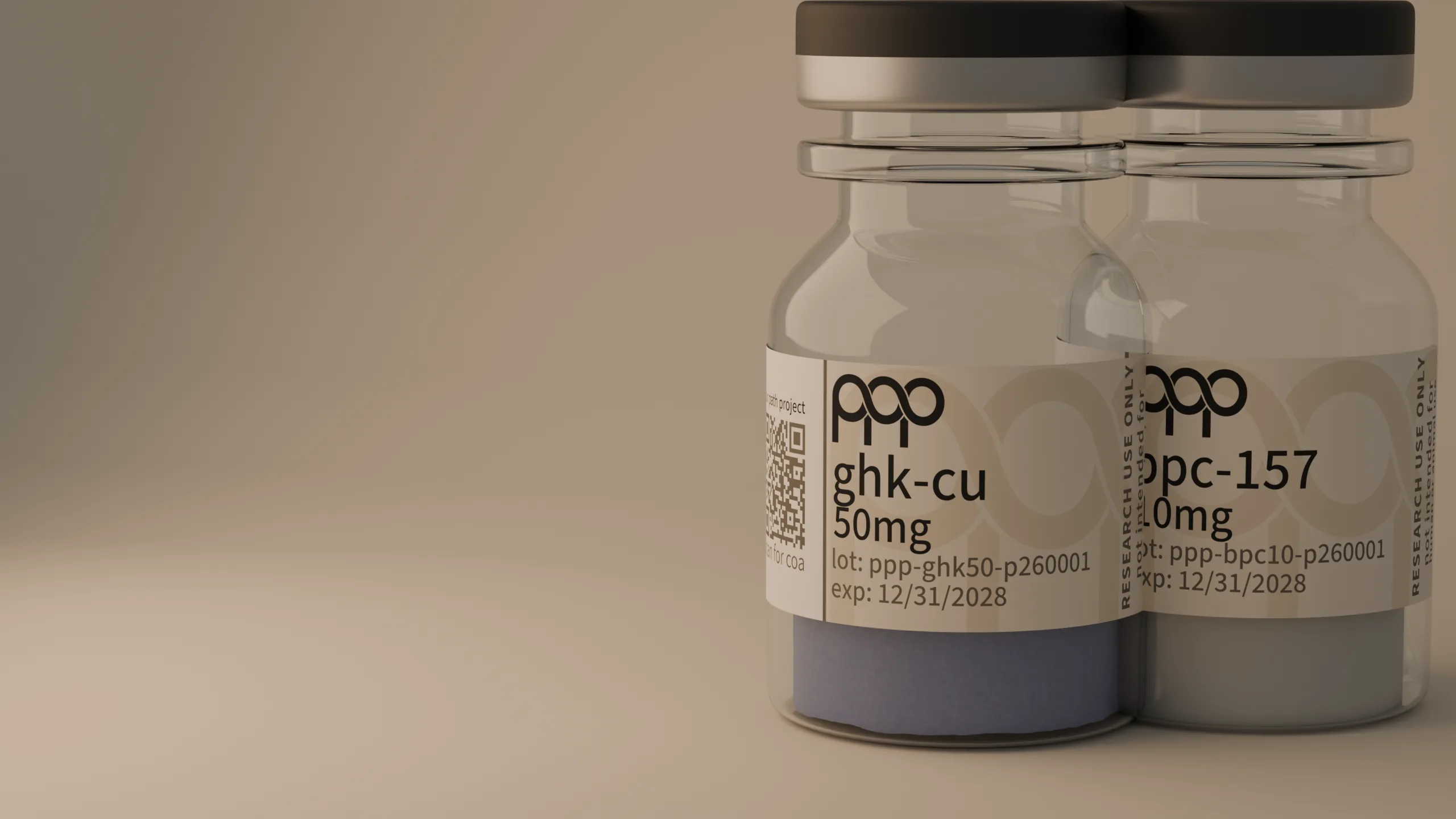 two clear research vials side by side on warm stone, one a touch forward