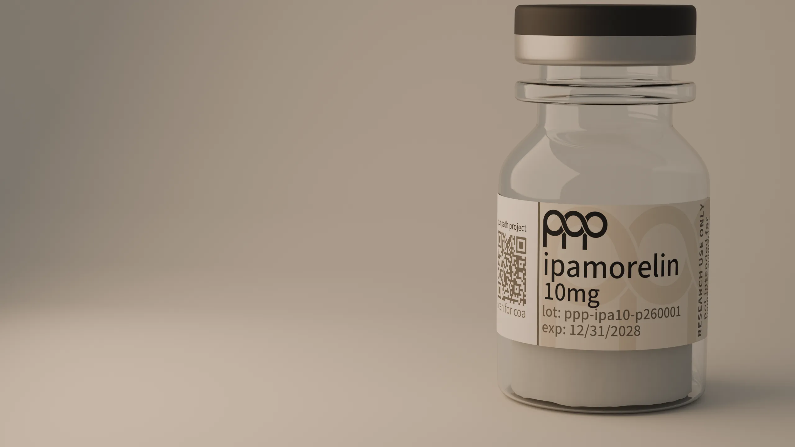 clear research vial on cool warm-grey stone, quiet long shadow