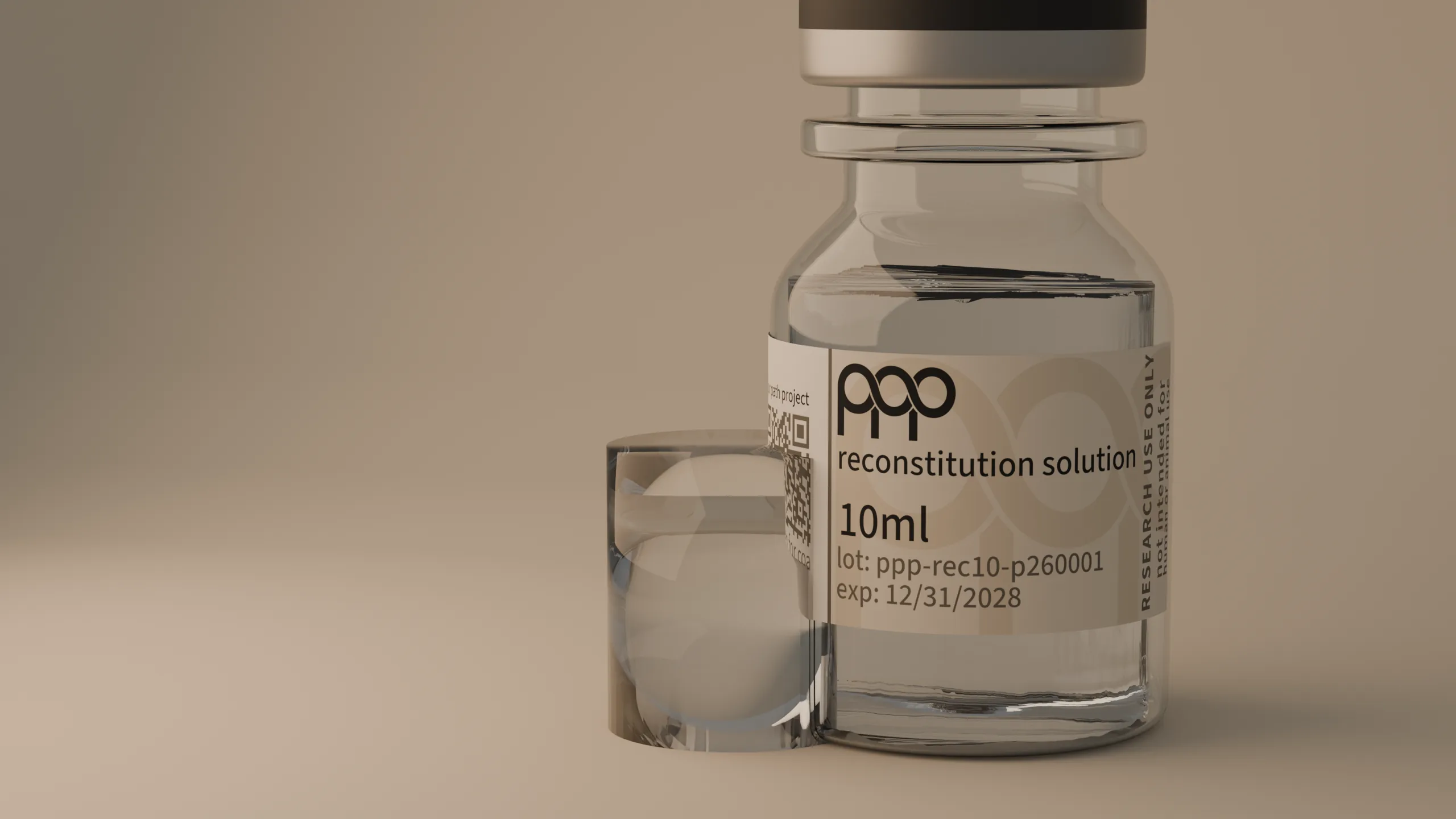 clear research vial beside a small glass vessel of water on warm stone
