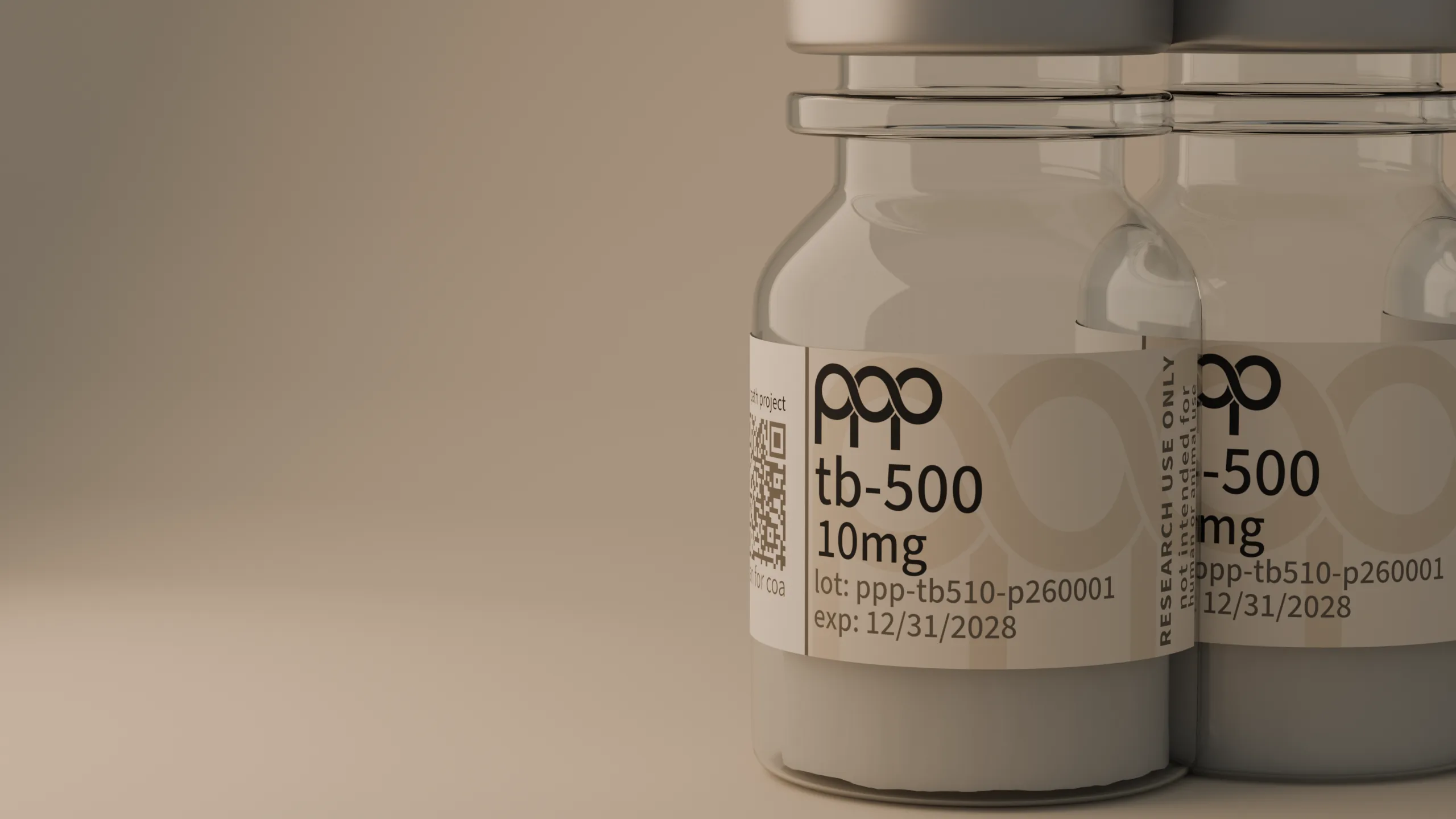 a row of three clear research vials receding into soft focus on warm stone