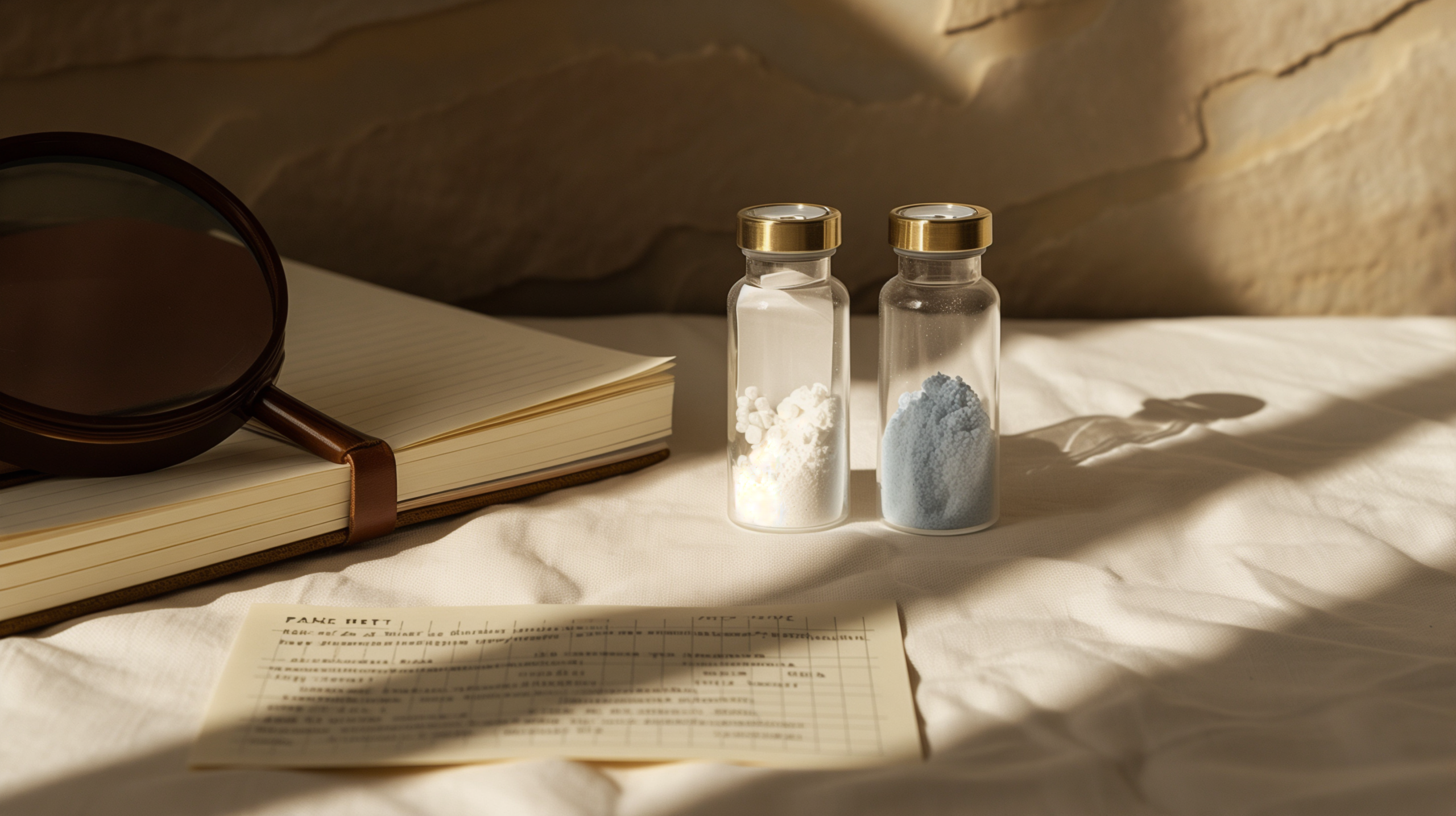 Research vials and analytical instruments on a laboratory bench
