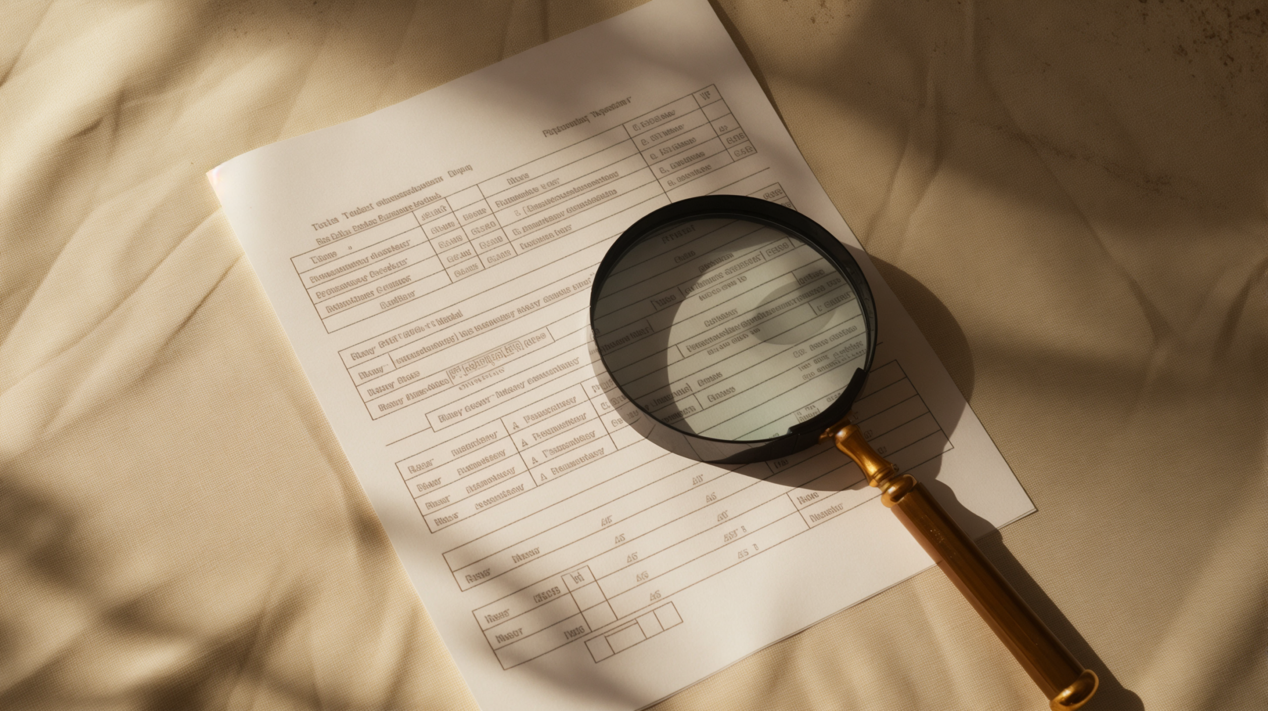 Modern printed analytical certificate with chromatogram and brass magnifying loupe on cream linen