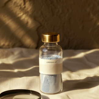 pur path project GHK-Cu research vial — clear glass injection vial with brushed brass crimp cap and pale blue lyophilized peptide powder