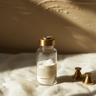 Squat 2ml clear vial of Sermorelin lyophilized powder with brass crimp cap, on cream linen with brass analytical balance weights, warm directional light