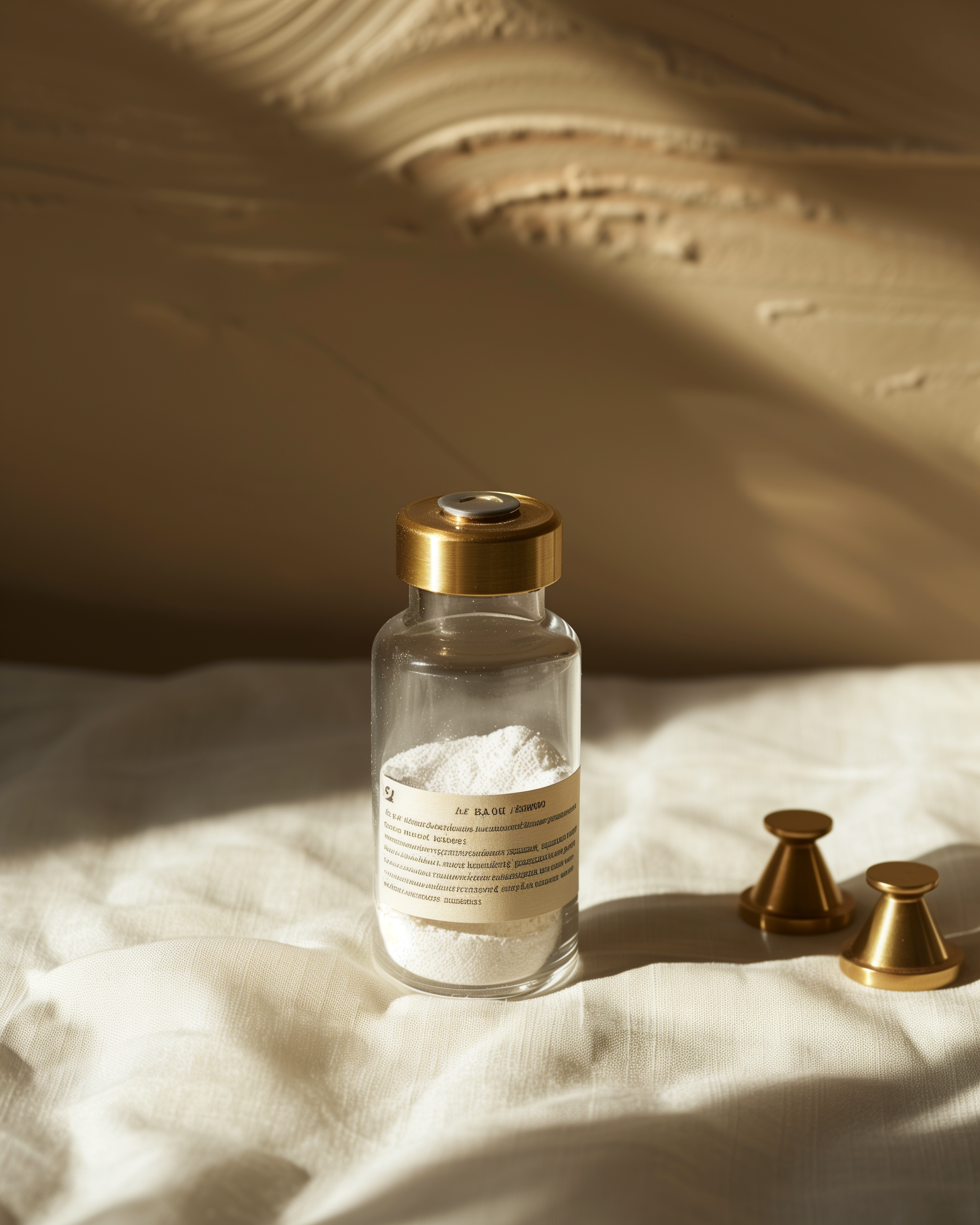 Squat 2ml clear vial of Sermorelin lyophilized powder with brass crimp cap, on cream linen with brass analytical balance weights, warm directional light