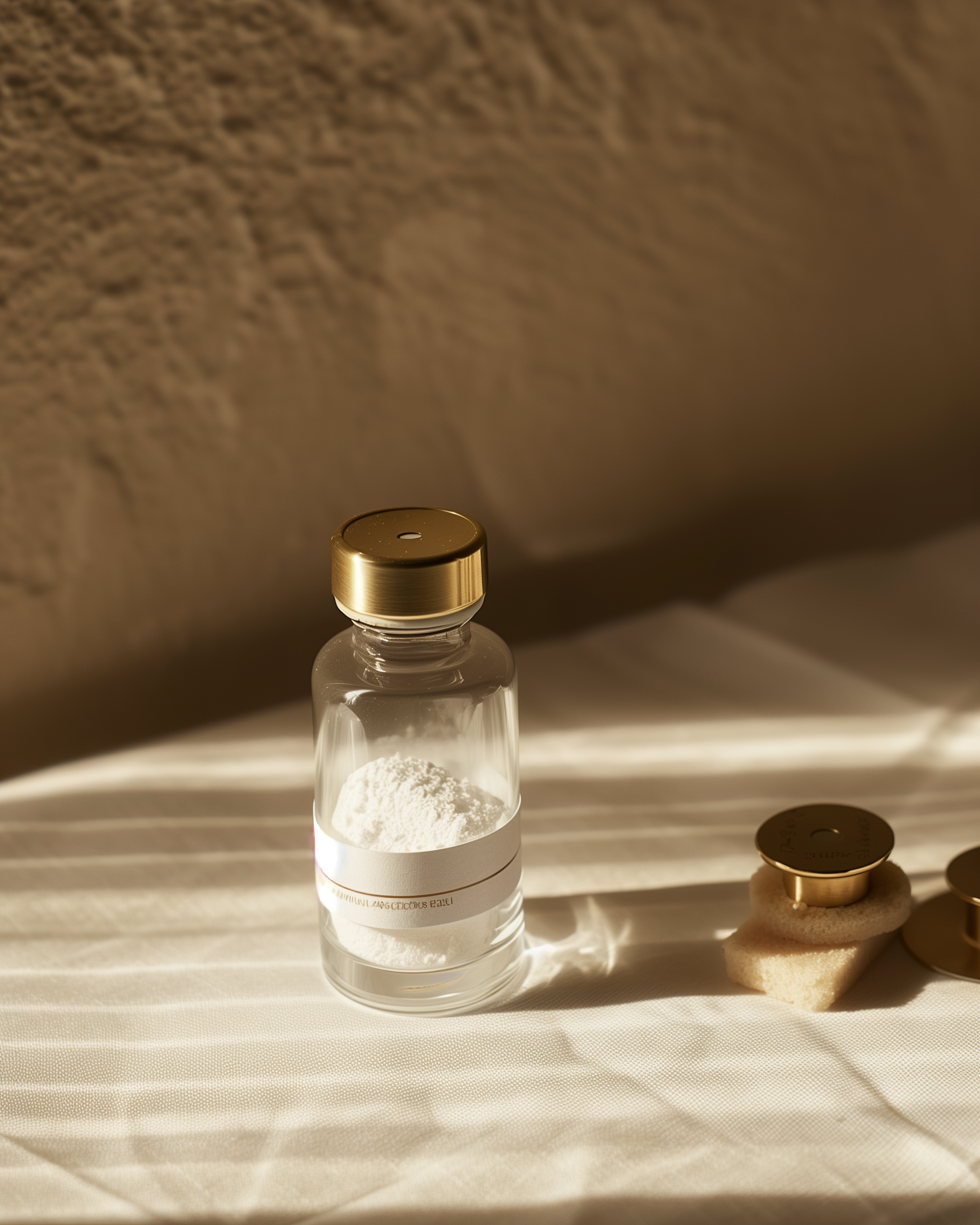 Sermorelin vial with brass weight on wooden disc, cream linen background