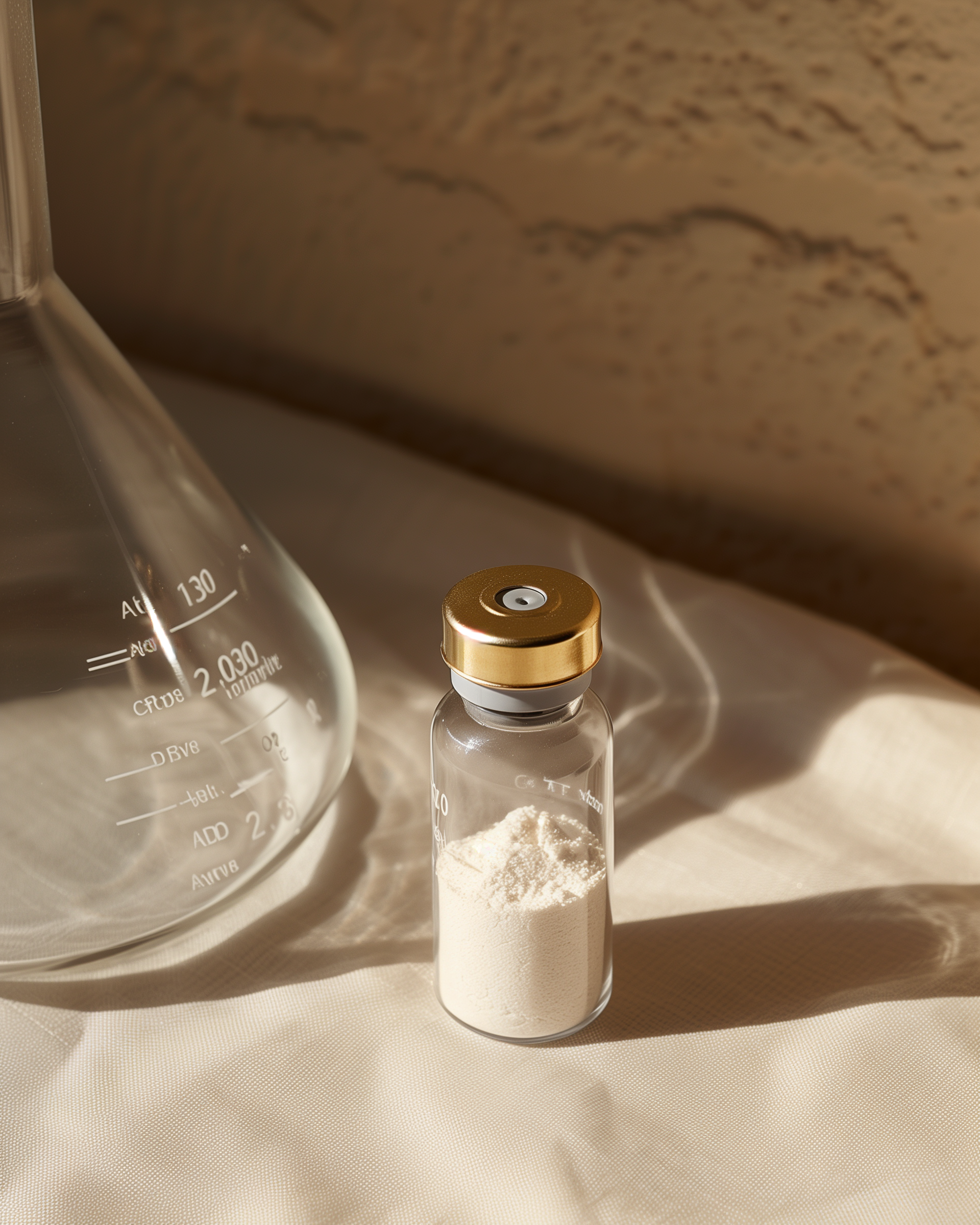 Sermorelin vial with Erlenmeyer flask, cream linen background
