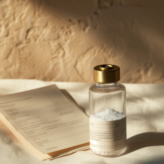 pur path project TB-500 research vial — clear glass injection vial with brushed brass crimp cap and white lyophilized peptide powder