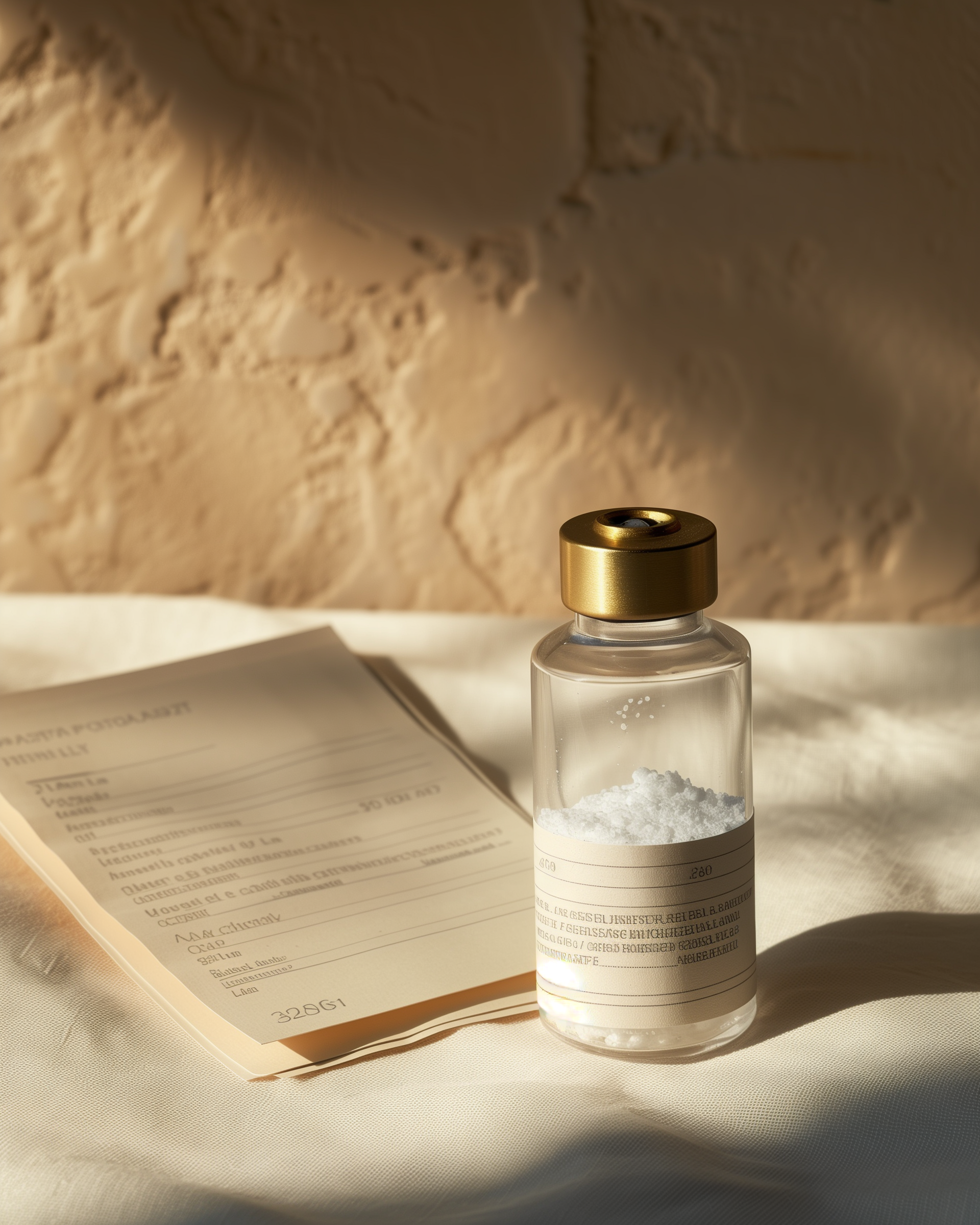 pur path project TB-500 research vial — clear glass injection vial with brushed brass crimp cap and white lyophilized peptide powder
